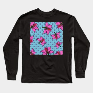 Bauhinia Flower with Turquoise Tile Floor Pattern - Summer Flower Pattern Long Sleeve T-Shirt